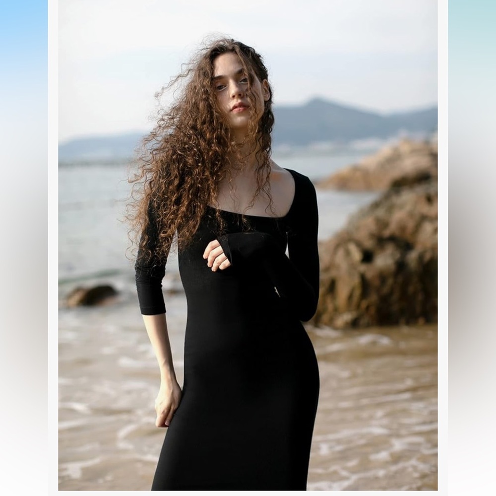 Square Neck Long Sleeve Ribbed Bodycon Maxi Dress | Medium | NWT